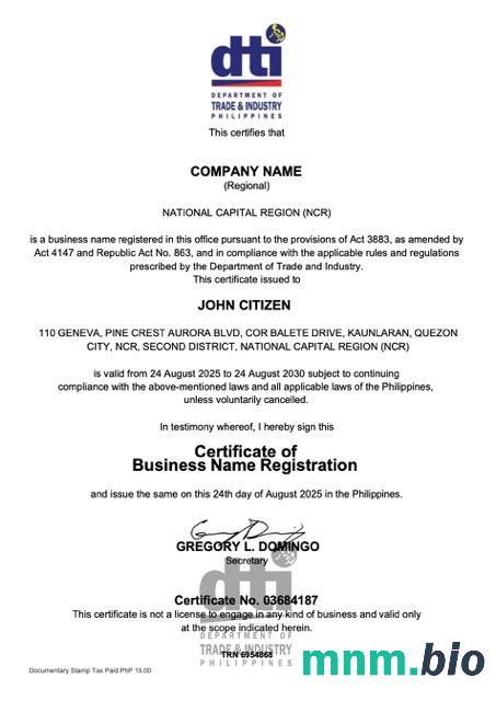 Philippines vcertyfikat of business Name registration Word and PDF version 2